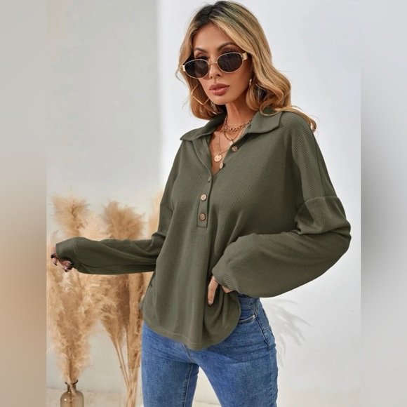 Half Button Army Green Long sleeve - Picture 5 of 7